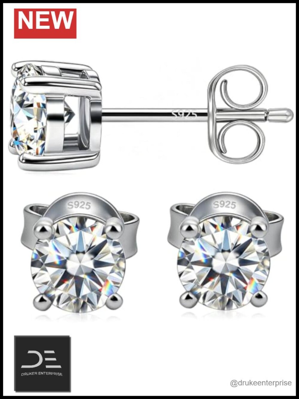 Moissanite Stud Earrings 925 Sterling Silver Hypoallergenic 4ct Total 8mm Round